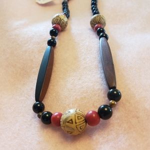 Black Onyx & Wood Beaded Necklace with Gold Clasp